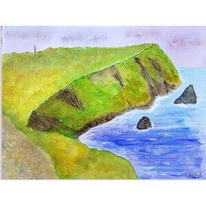 Hand painted watercolor original painting cliffs ocean